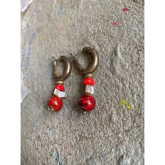 Vintage Earrings Hoop Faux Stone Red Silver Tone Pierced - Picture 5 of 7